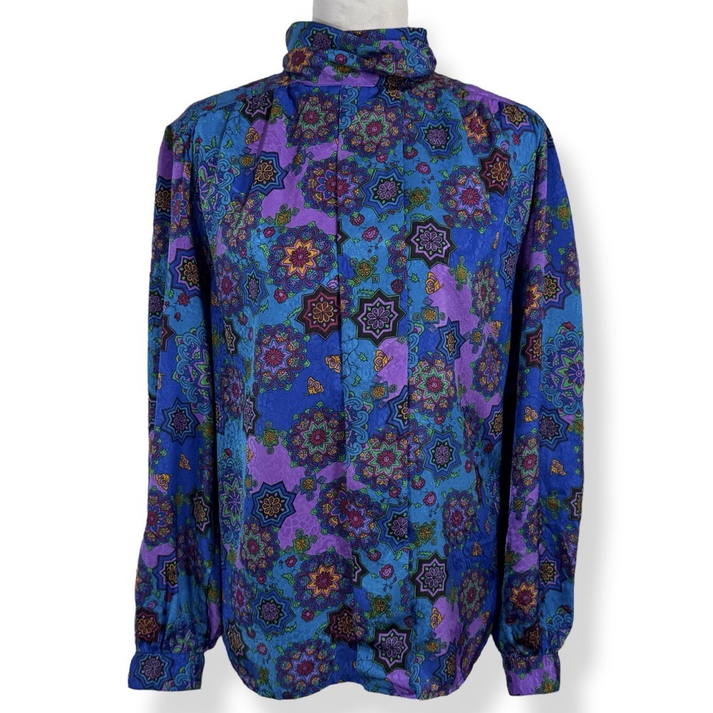 Vintage Boho Mandala Mock Neck Satin Blouse Top Size 10 Loose Colorful 70s Retro